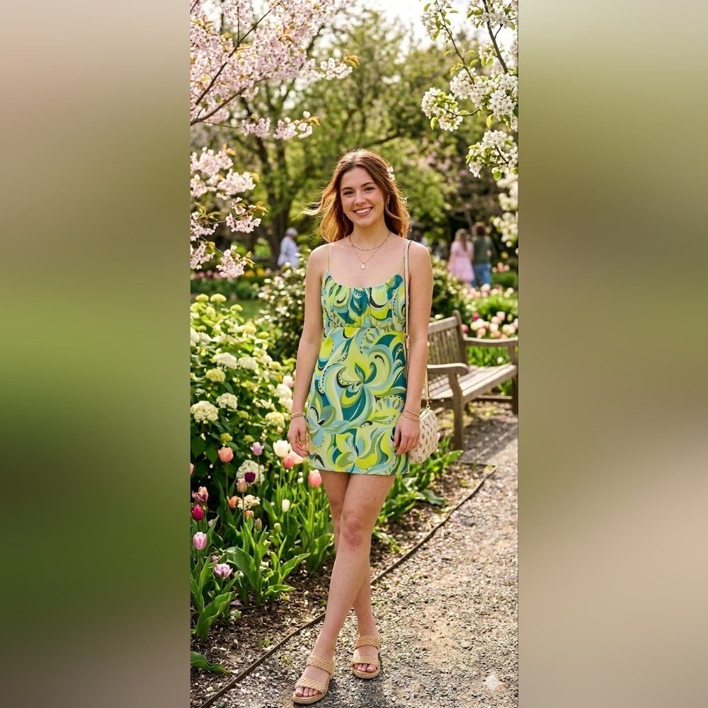 No Comment NY-LA Y2K vibrant patterned spaghetti strap mini dress